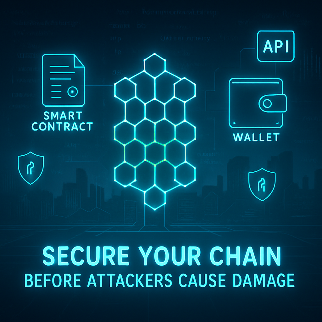 The image features a sleek modern digital landscape representing blockchain technology In the foreground a stylized blockchain structure composed of i